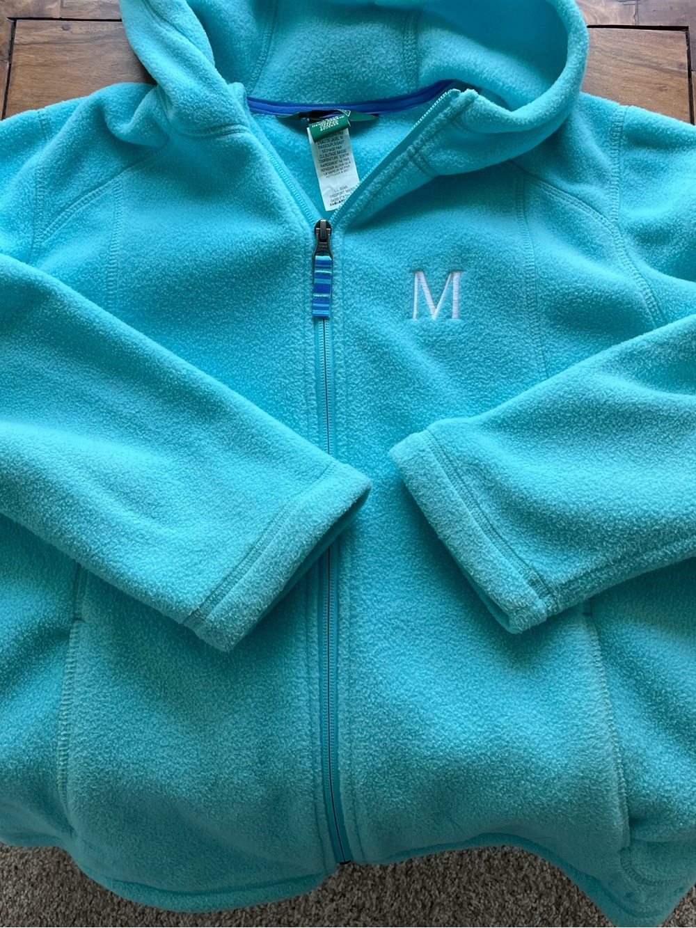 L.L. Bean kids teal zippered fleece w/hood. Monogrammed M. Kids L 14-16